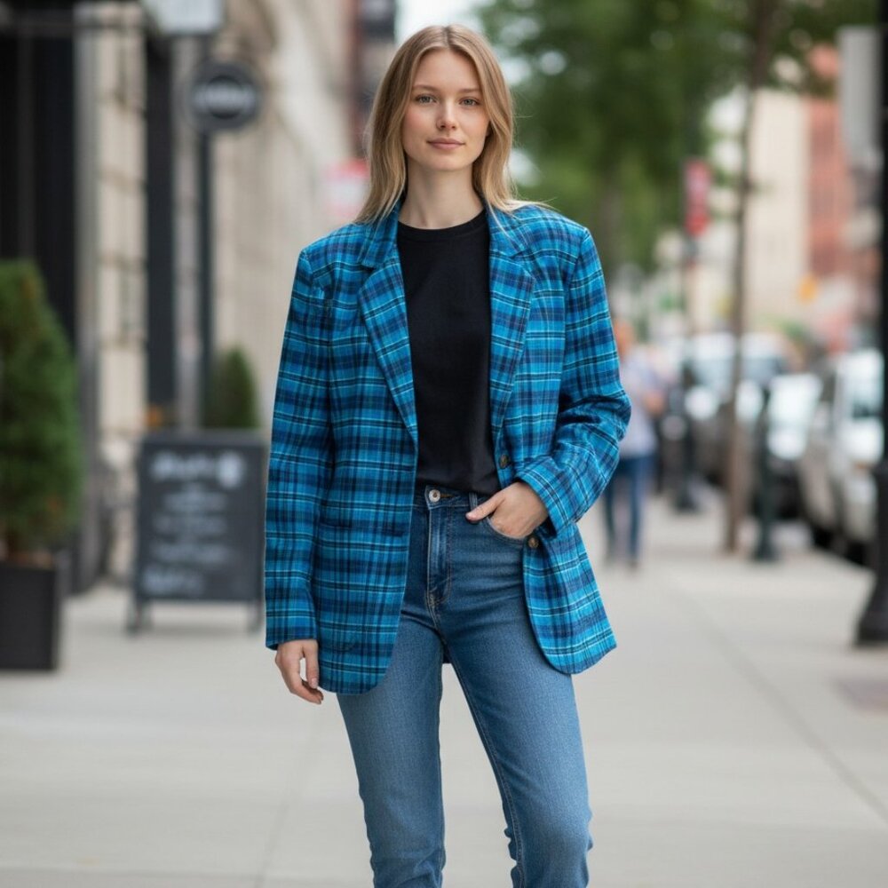 EDDIE BAUER Women's Vintage Cotton Plaid Blazer Black Label | Size MP
